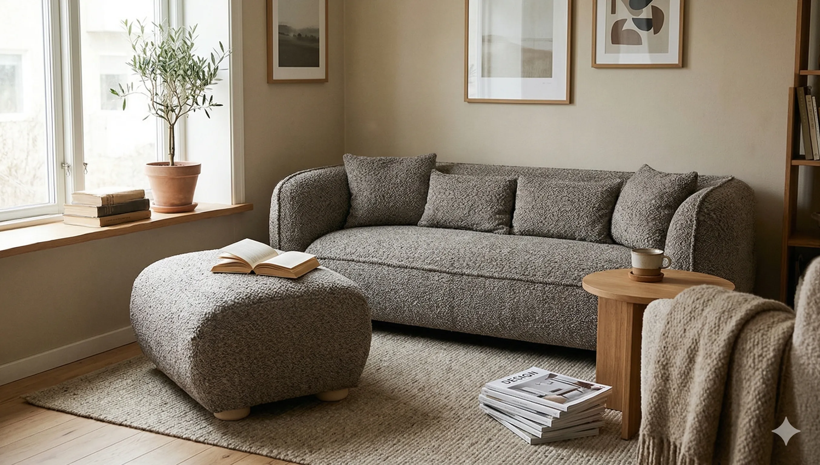 Szara sofa Canyon w tkaninie bouclé z dopasowaną pufą