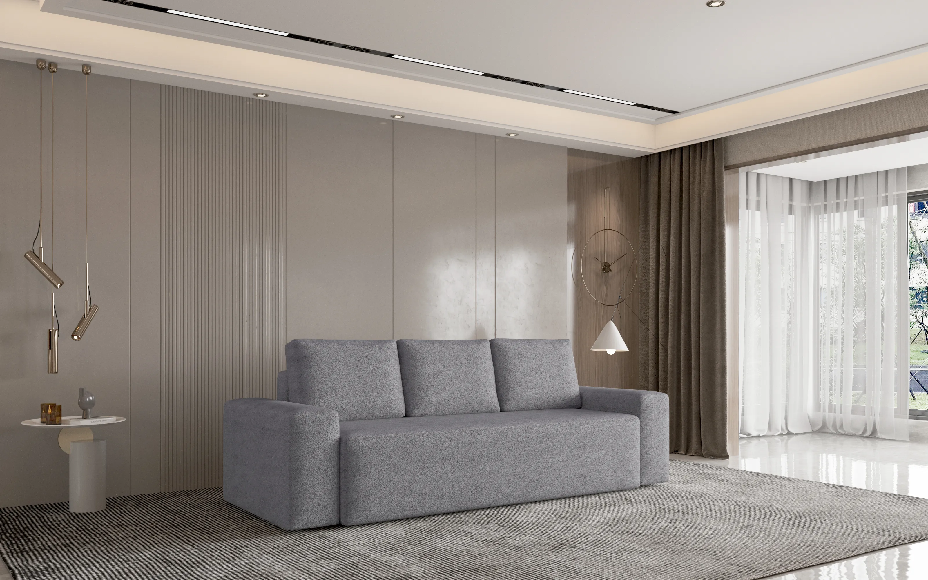 Szara sofa Flor w eleganckim, jasnym salonie