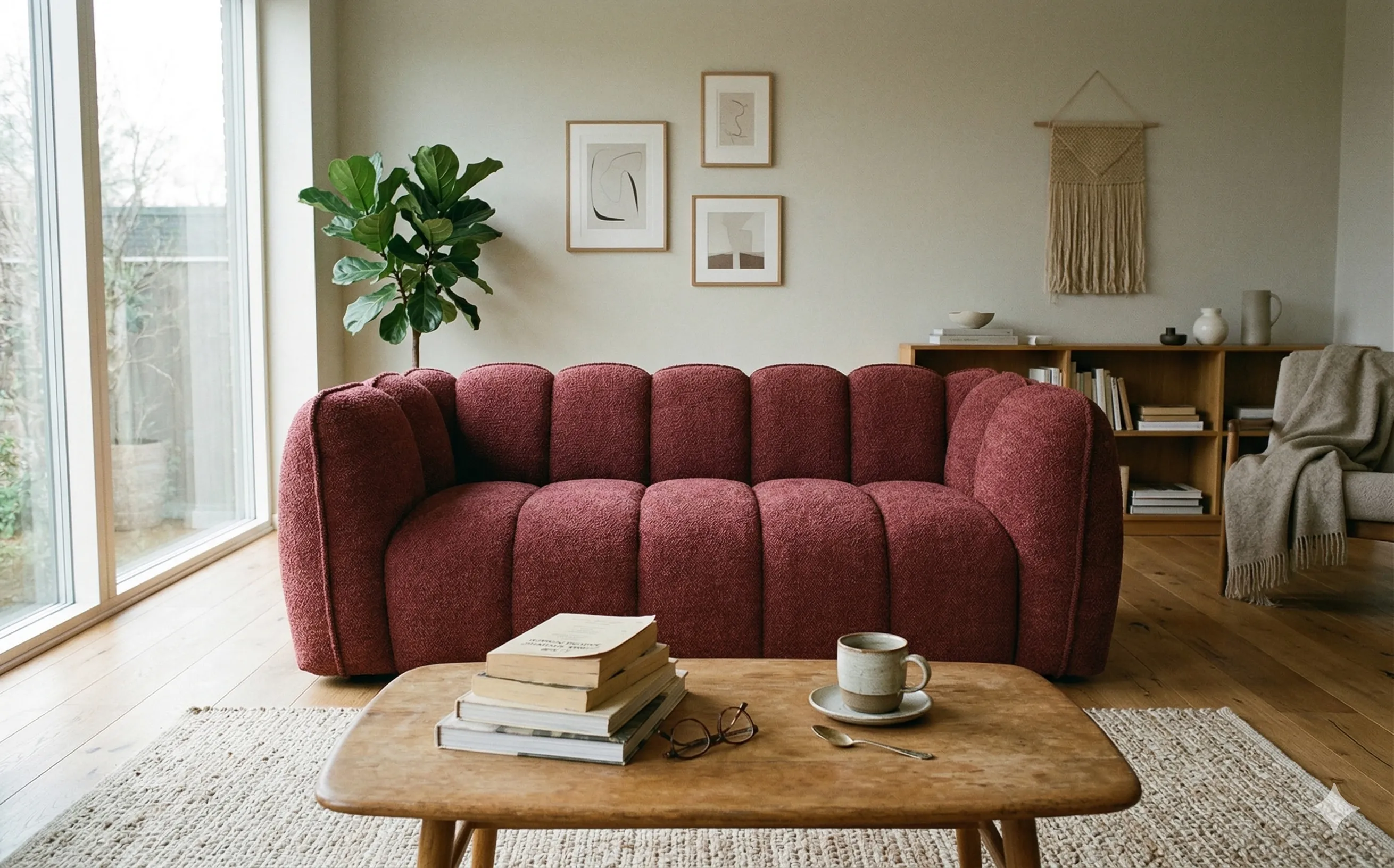 Bordowa sofa Franco z pionowym pikowaniem kanałowym