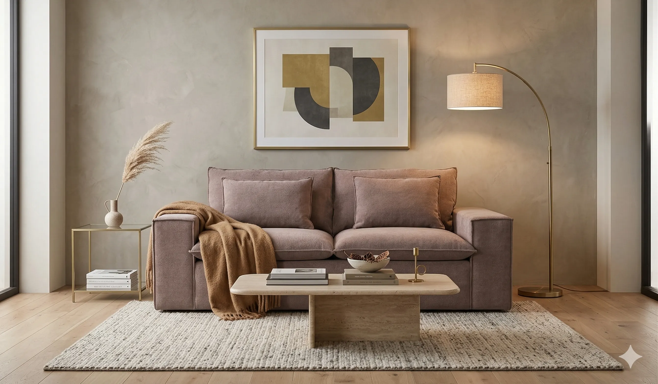 Sofa Nursja w pudrowym welurze na tle jasnego salonu