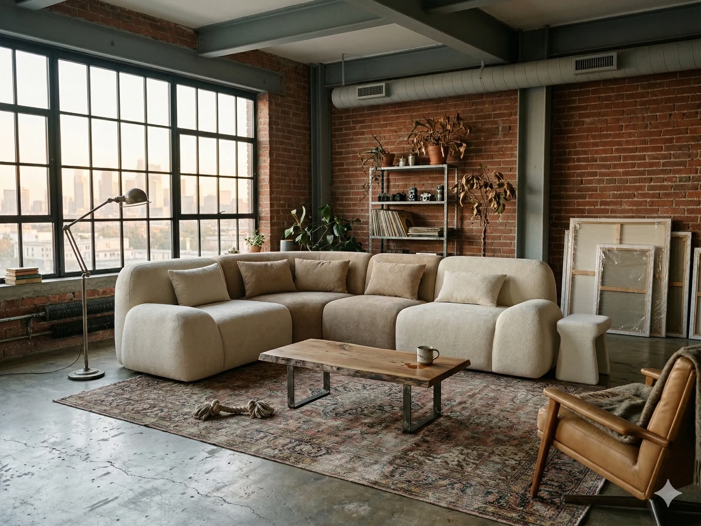 Piaskowy modułowy system Pretoria w industrialnym wnętrzu typu loft